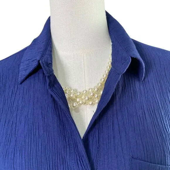 50th Street Petite Navy Blue Crinkle Long Sleeve Button Front Blouse Size PS - Picture 3 of 11